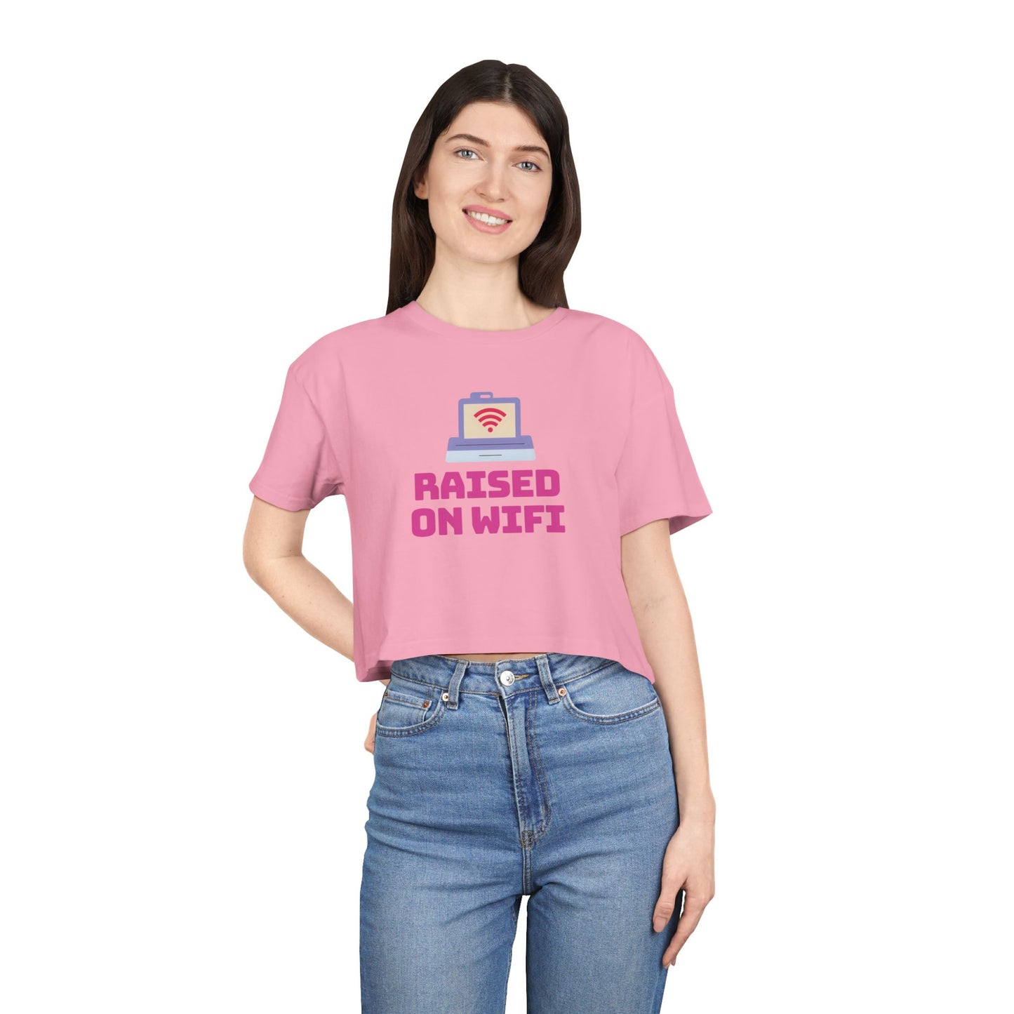Crop Tee - "Raised on WiFi" Graphic Crop Top (Front Laptop Icon, Back: "404: Social Skills Not Found")