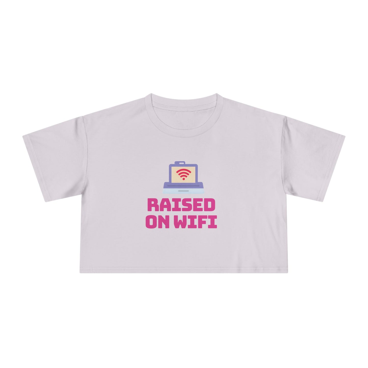 Crop Tee - "Raised on WiFi" Graphic Crop Top (Front Laptop Icon, Back: "404: Social Skills Not Found")