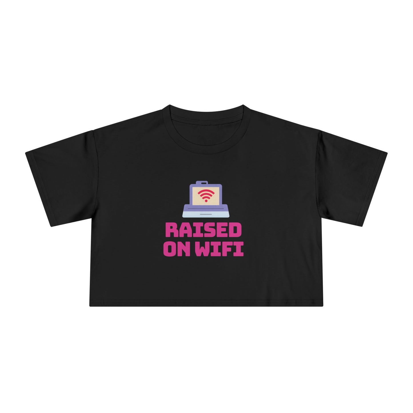 Crop Tee - "Raised on WiFi" Graphic Crop Top (Front Laptop Icon, Back: "404: Social Skills Not Found")