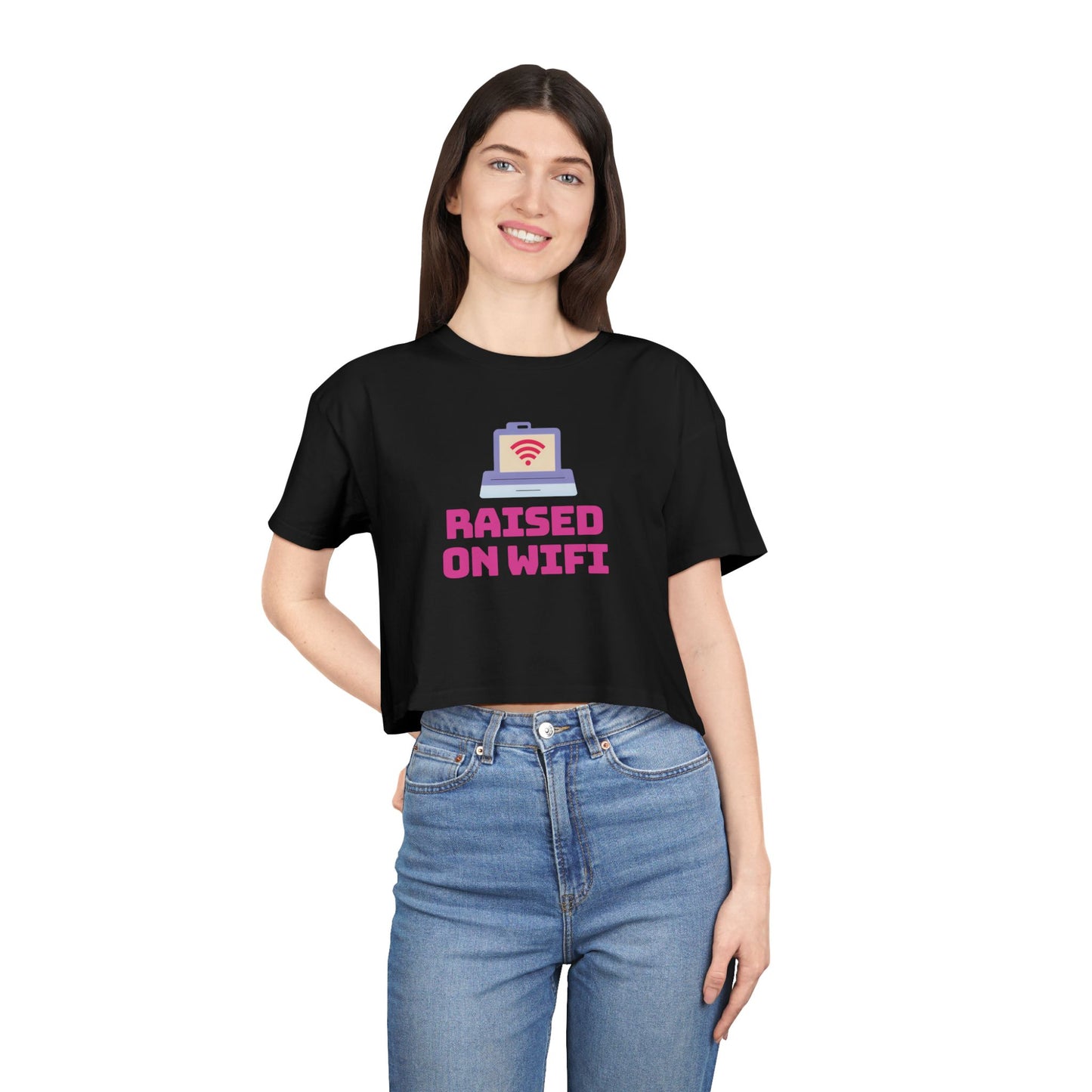 Crop Tee - "Raised on WiFi" Graphic Crop Top (Front Laptop Icon, Back: "404: Social Skills Not Found")