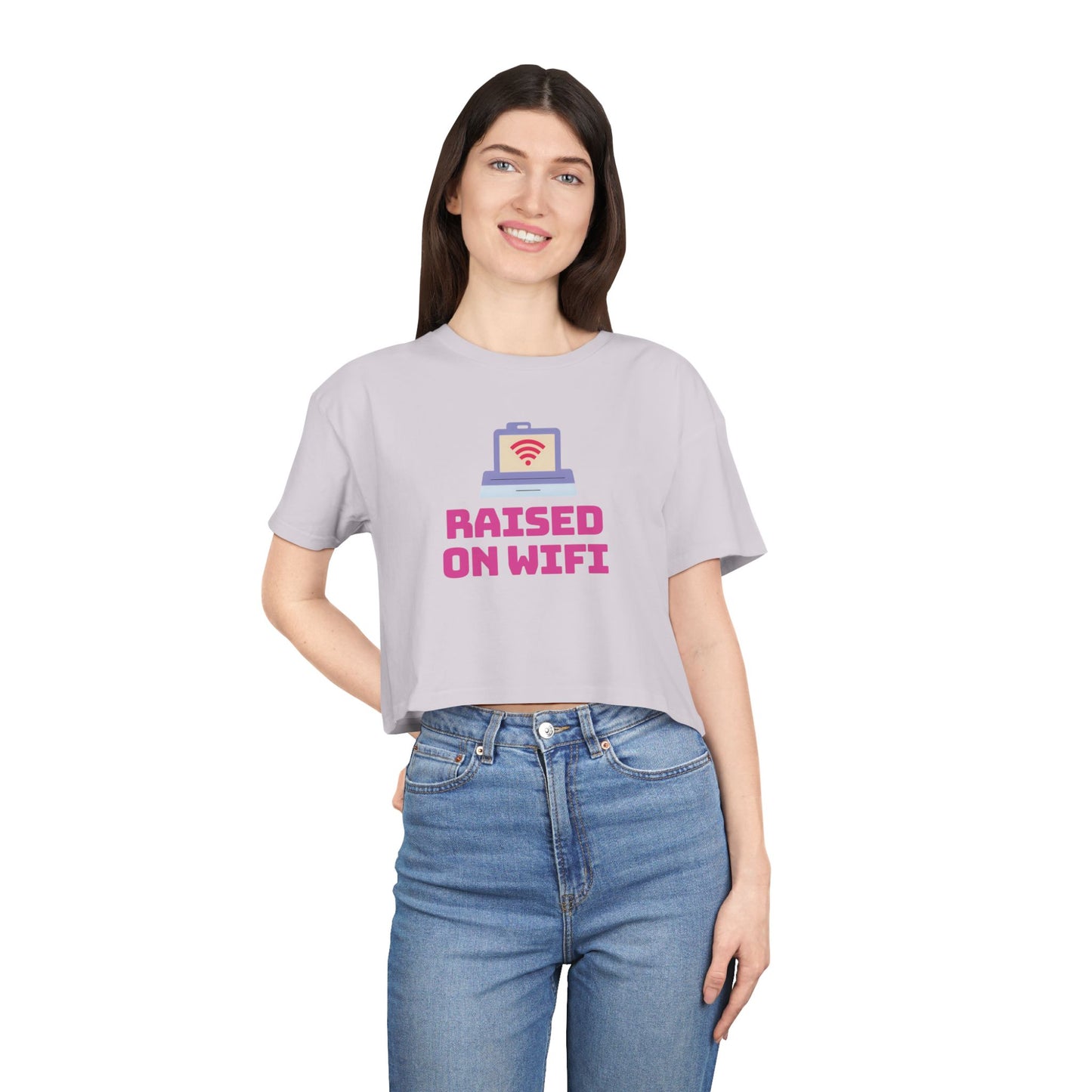 Crop Tee - "Raised on WiFi" Graphic Crop Top (Front Laptop Icon, Back: "404: Social Skills Not Found")
