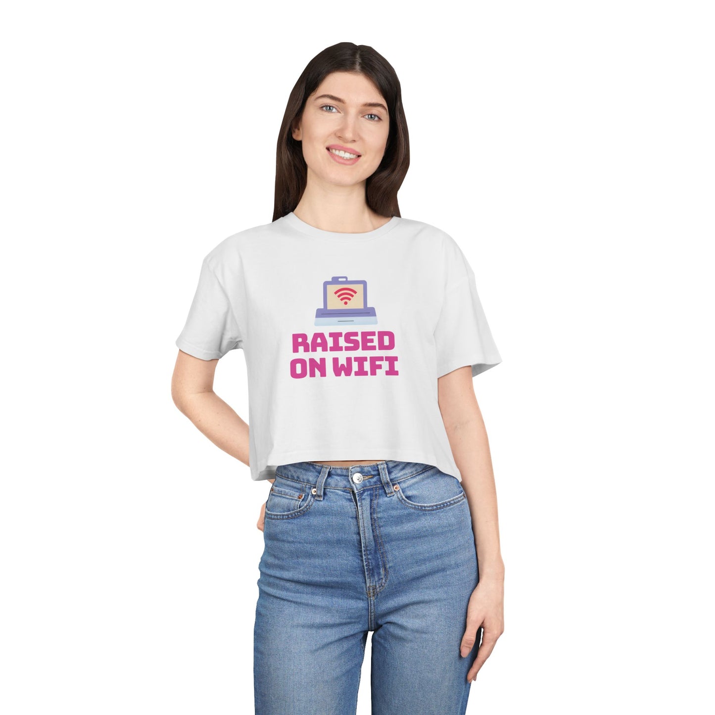 Crop Tee - "Raised on WiFi" Graphic Crop Top (Front Laptop Icon, Back: "404: Social Skills Not Found")