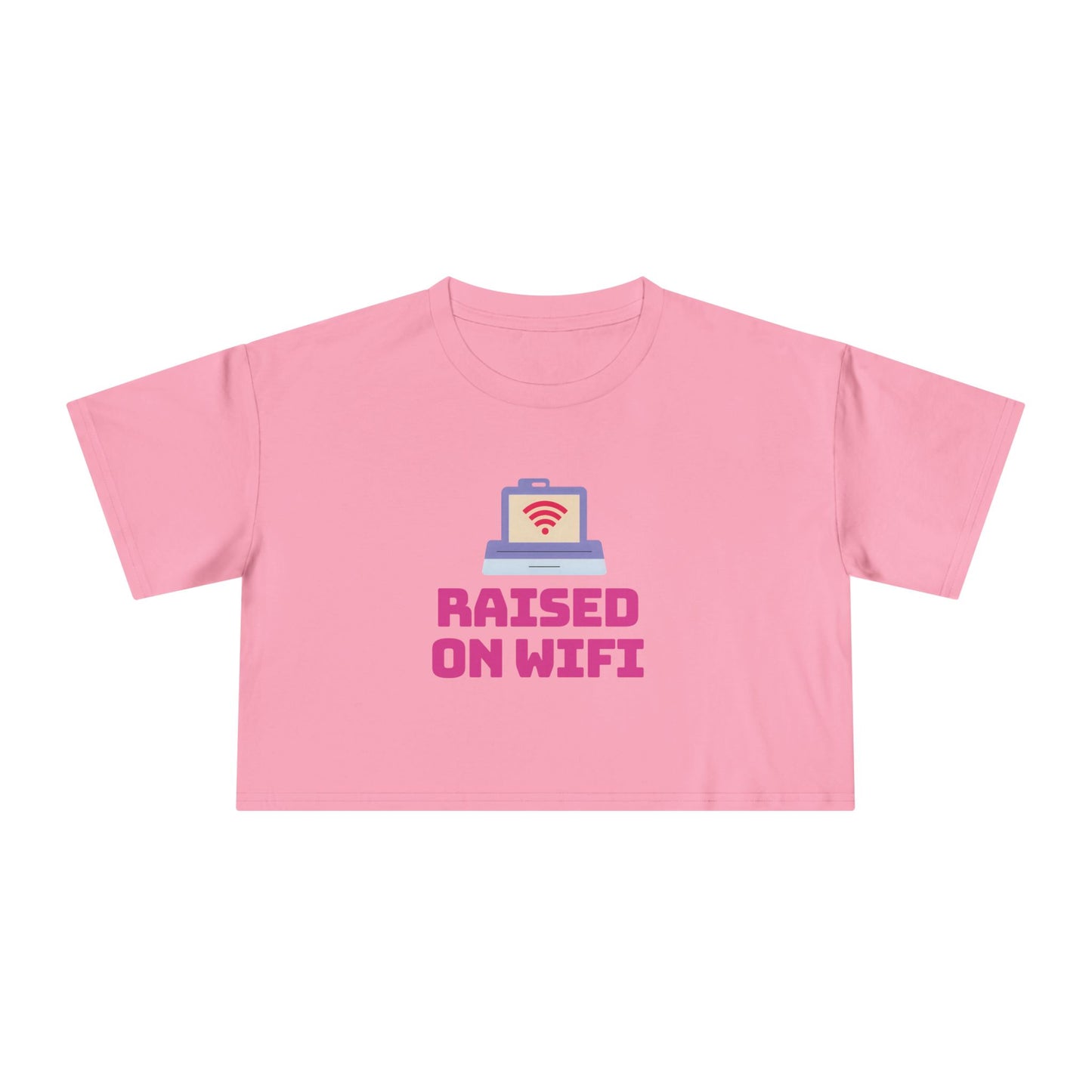 Crop Tee - "Raised on WiFi" Graphic Crop Top (Front Laptop Icon, Back: "404: Social Skills Not Found")