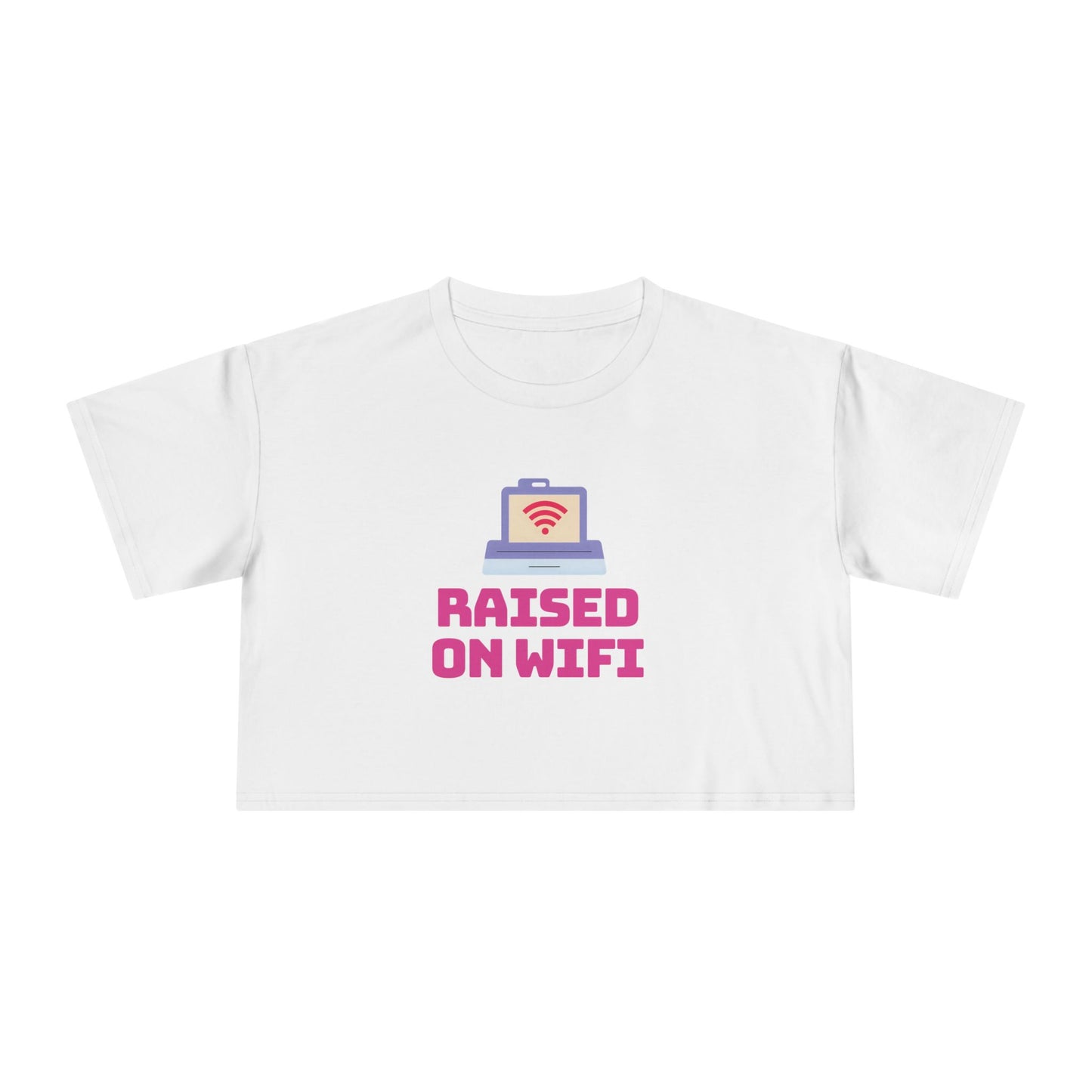 Crop Tee - "Raised on WiFi" Graphic Crop Top (Front Laptop Icon, Back: "404: Social Skills Not Found")