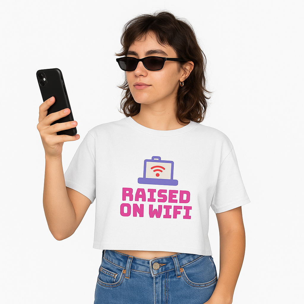 Crop Tee - "Raised on WiFi" Graphic Crop Top (Front Laptop Icon, Back: "404: Social Skills Not Found")